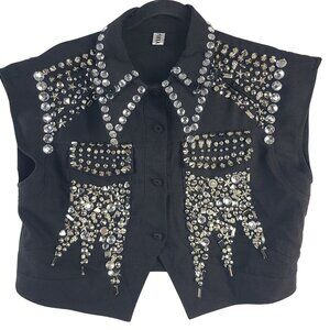 Sihaiyijia Black Sleeveless Button-Up Vest With Silver & Clear Studded Embellish
